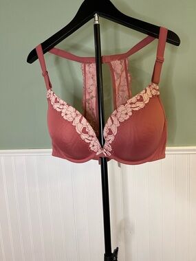 Cacique Lace-Trim Racerback Underwire Bra in Dusty Rose, size 40D